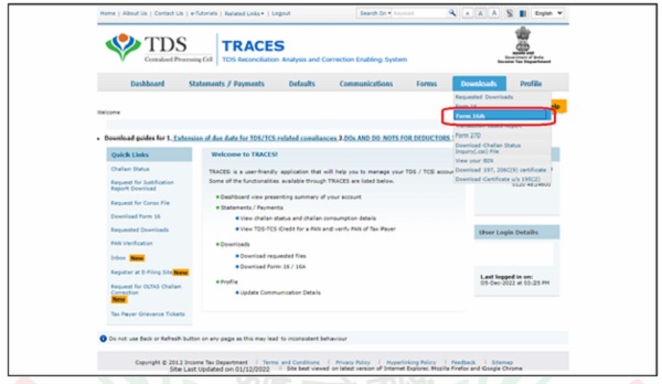 Step 3- Go to Downloads Form 16A .