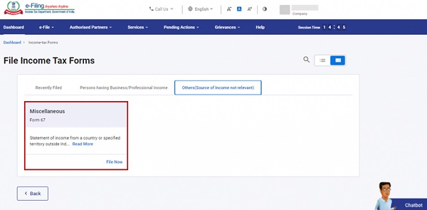Step 3- On the File Income Tax Forms page select Form 67- Alternatively enter Form 67 in the search box to find the form.