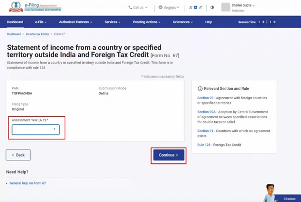 Step 4- On the Form 67 page select the relevant Assessment Year (A.Y.) and click Continue.