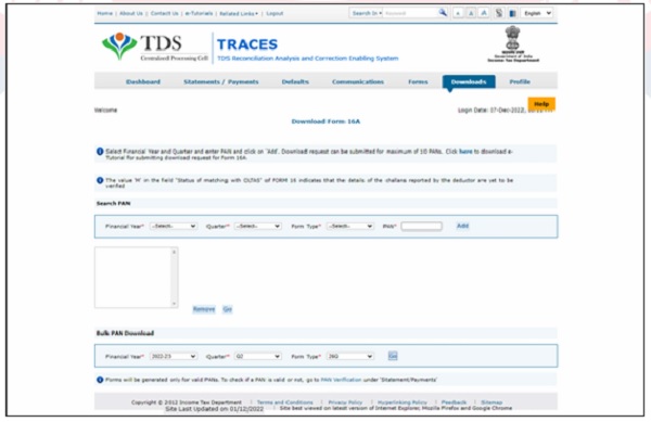 Step 4- Select the Financial Year, Quarter, Form Type, enter PAN and click 'Add'. After the PANs are reflected