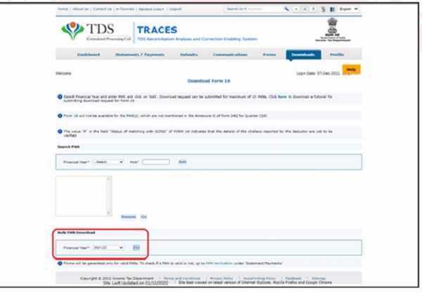 Step 4- Select the Financial Year, enter PAN and click 'Add'. After the PANs are reflected