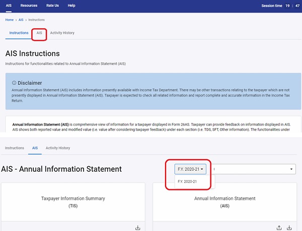 Step 5- Click on the next tab of 'AIS'. On the redirected screen, two tiles shall appear - Taxpayer