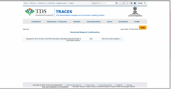 Step 7- After submission of the request, a successful message with a reference number will appear on the screen.