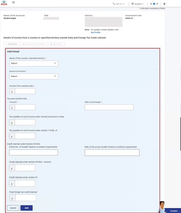 income from foreign countries and foreign tax credit claimed in respect thereof.