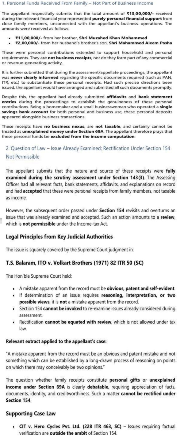 1. Personal Funds Received From Family – Not part Business income 2. Question of Law - Issue Already Examined; Rectification Under Section 154 Not Permissible