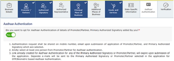 Aadhar Verification is compulsory for primary authorized signatory