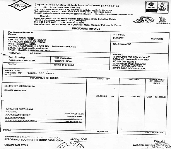 Invoice shows the unit price has USD 5.20 per kg.