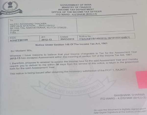 Notice under section 148 of the Income Tax Act. 1961