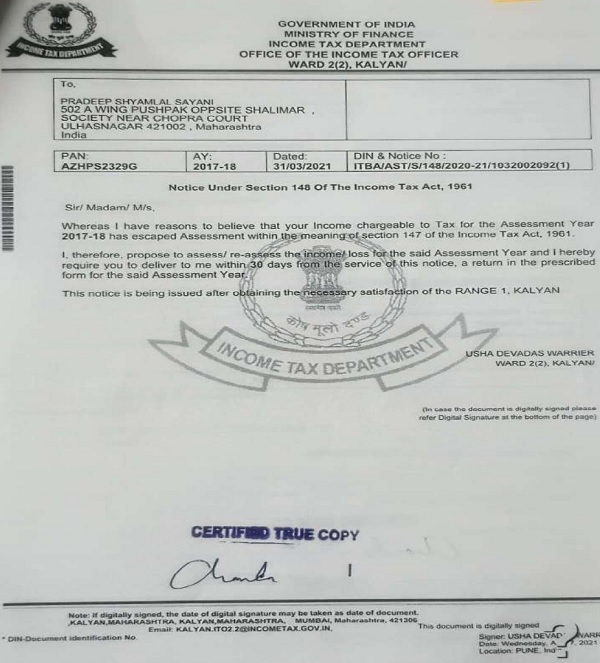 Notice under section 148 of the income tax act 1961