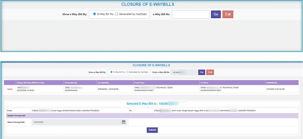 Screenshots of Closure by E-waybill Number