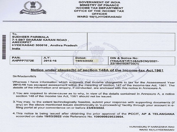issued notice sec.148 of the Act dated 15.04.2022
