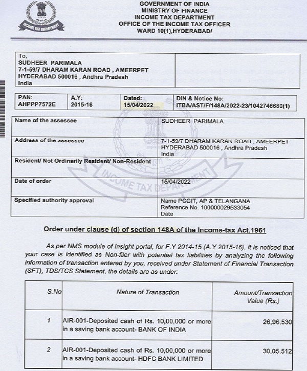 issued notice sec.148 of the Act dated 15.04.2022