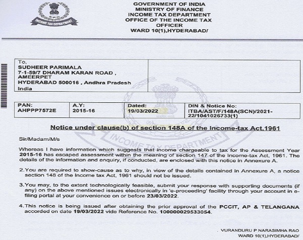 issued notice sec.148 of the Act dated 19.03.2022