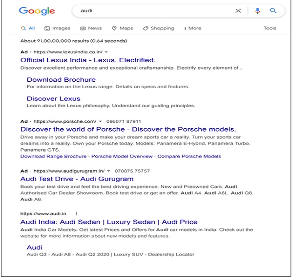 As an illustration of the advertisements appearing on the SERP when a user searches for the car brand