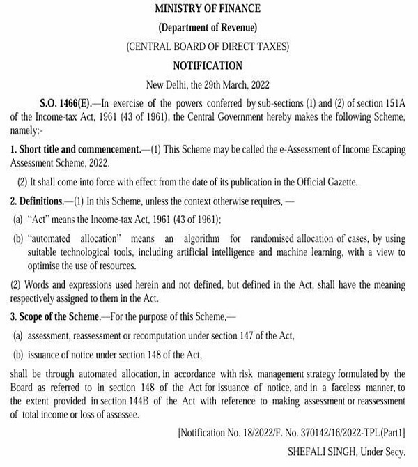 CBDT issued Notification No.18-2022
