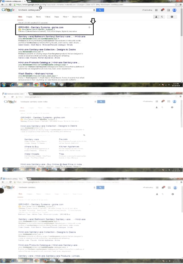 Google platform and the result suggesting Grohe sanitary systems showing
