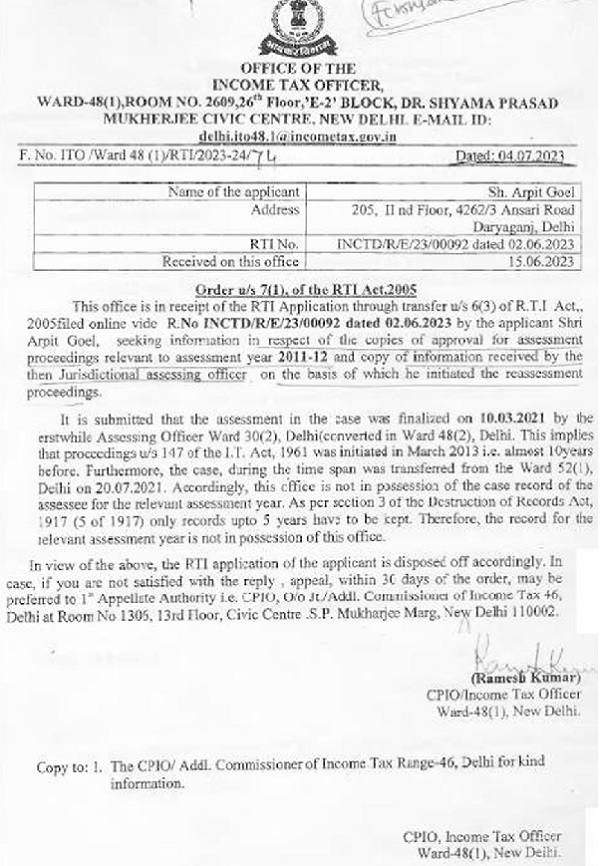 Informed the assessee as under