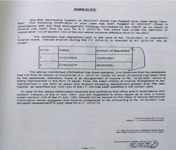 The annexure containing the reasons for reopening is pasted hereunder for ready reference