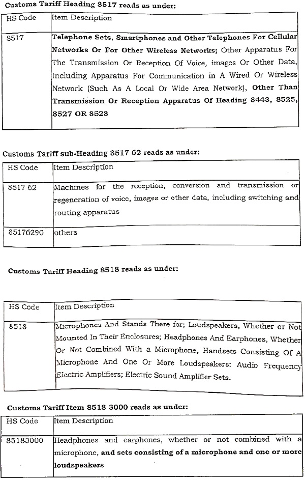 relevant portions of HS code 8517 and 8518, which are reproduced below