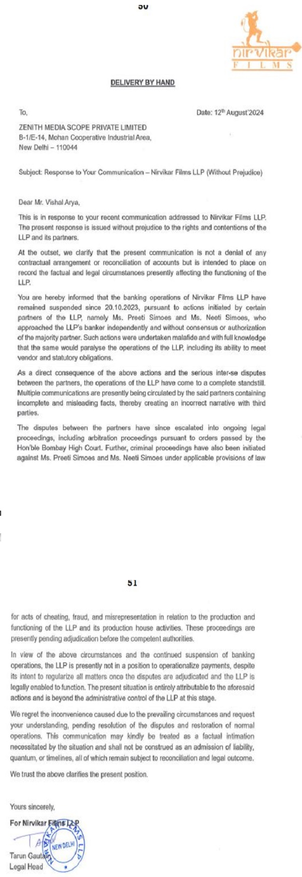 Corporate Debtor expressly stated that the communication should not be construed as a denial of the contractual arrangement