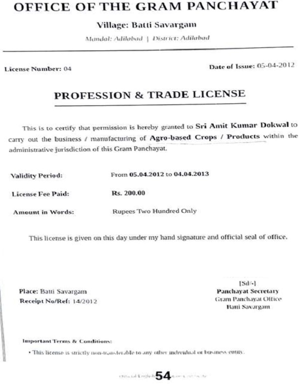 Gram Panchayat authorizing him to engage in agro-based crop products business