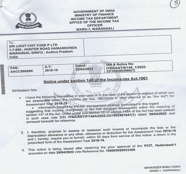 Notice under section 148