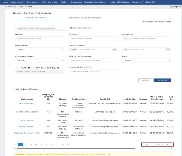 Pagination Option provided at the bottom of List