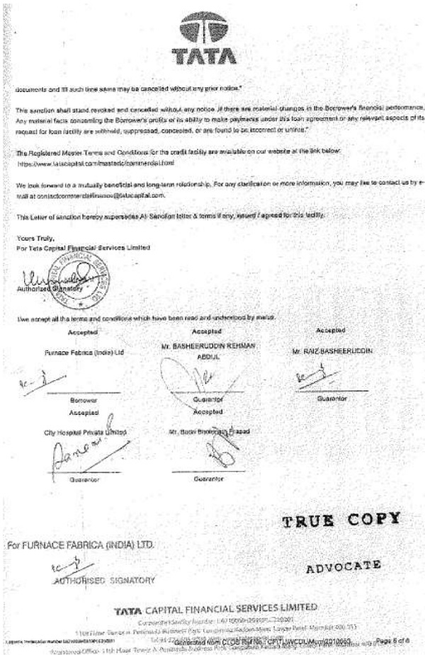 Relevant portion of the letter of sanction