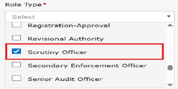 Select the Scrutiny Officer role from the Role Type dropdown list
