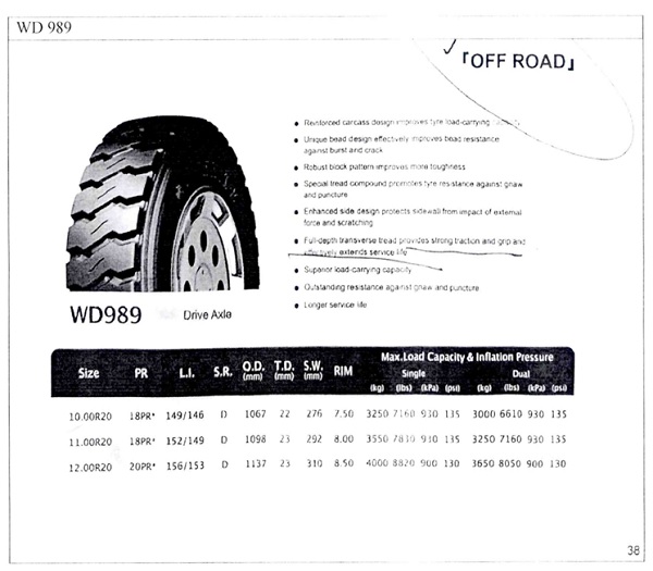 The subject tyre WD989 is specifically included in the Off Road category (Pages 34-39 of the catalogue, with the product appearing on Page 38)