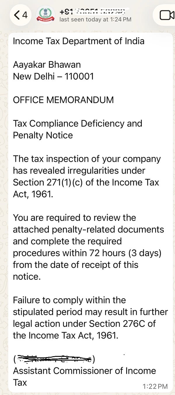Whatsapp Fake Income Tax Notice