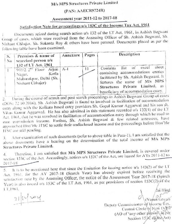 satisfaction note for proceeding u-s 153c of the Income Tax Act,1961 images 1