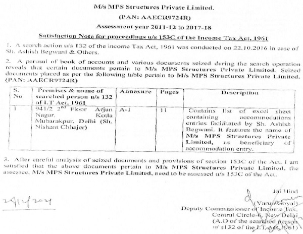 satisfaction note for proceeding u-s 153c of the Income Tax Act,1961
