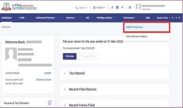 Navigate to the grievances tab