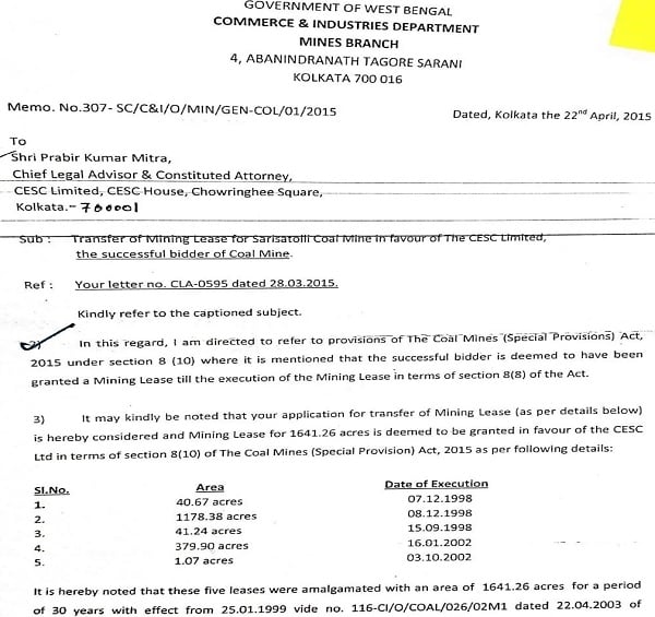 transfer of mining lease from the department of Commerce and Industries Mining