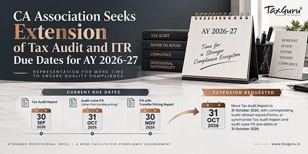 CA Association Seeks Extension of Tax Audit and ITR Due Dates for AY 2026-27