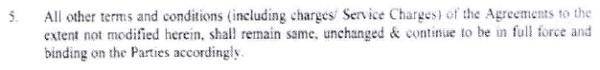 Continuation of Unmodified Terms and Service Charges