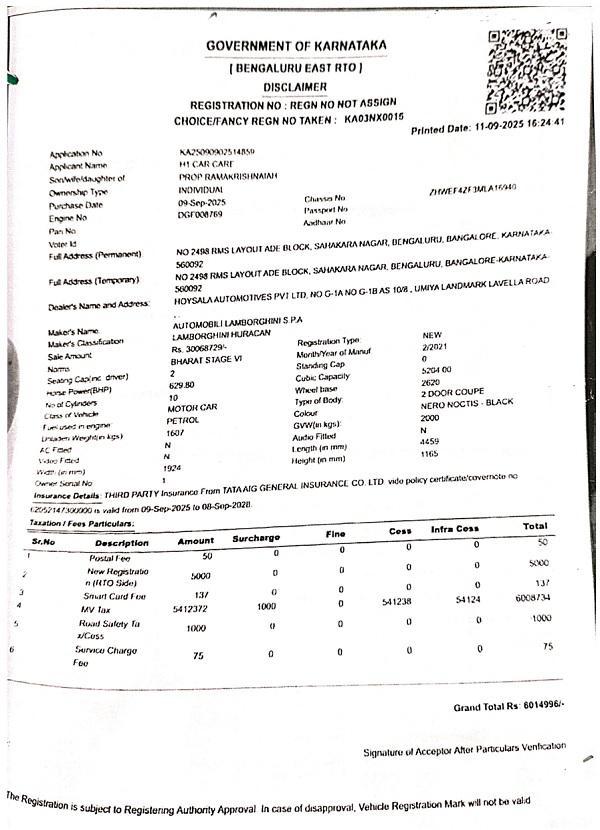 Government Of Karnataka Registration Fee-Receipt Document