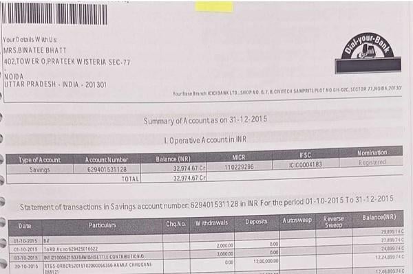 bank statement of Smt. Binatee Bhatt