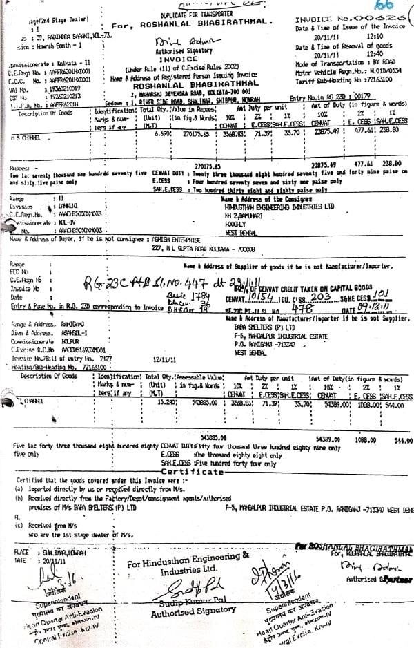 copy of the Invoices produced by the appellant