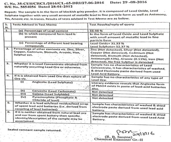 test report again indicated that the lead contained