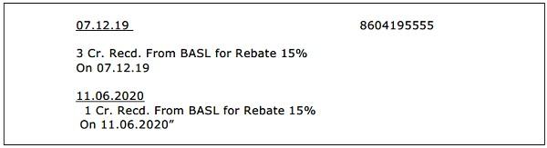BASL Rebate 15-Percent Cash Received Entries