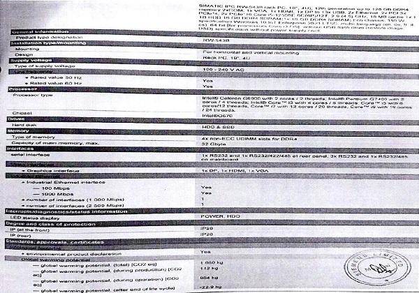 Copy of the datasheet of SIMATIC IPC is reproduced as below