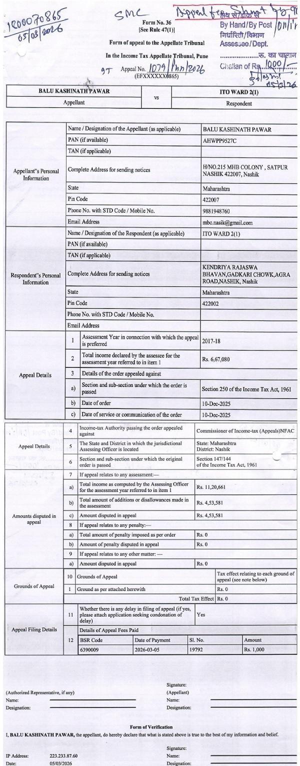 Form No. 36 and Grounds of appeal