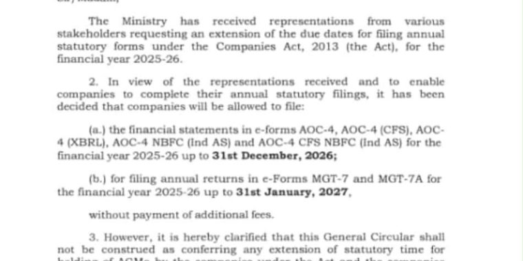 MCA Extends AOC-4 Filing to 31 December 2026 and MGT-7 to 31 January 2027 Without Additional Fees