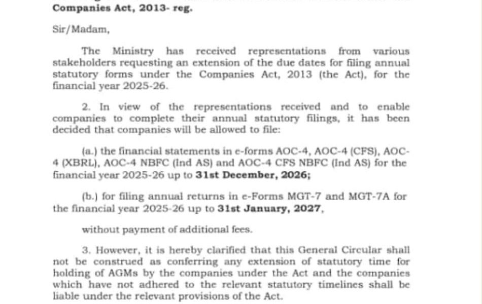 MCA Extends AOC-4 Filing to 31 December 2026 and MGT-7 to 31 January 2027 Without Additional Fees