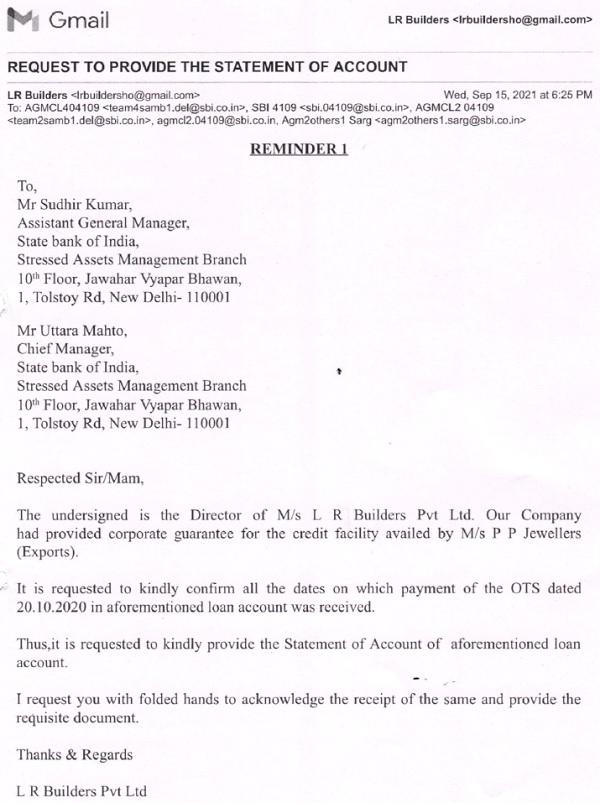 LR Builders Pvt Ltd – Reminder 1 for Statement of Account