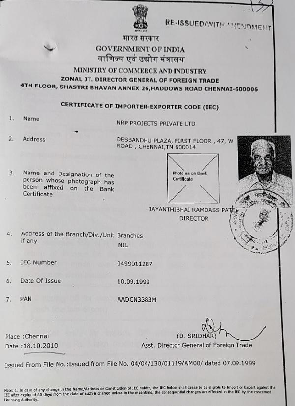 NRP Projects Private Ltd IEC Certificate DGFT
