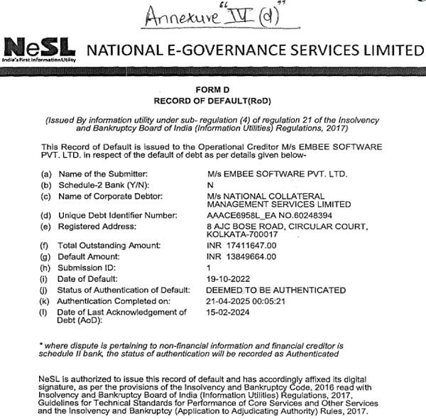 NeSL ROD (in form D) is reproduced below