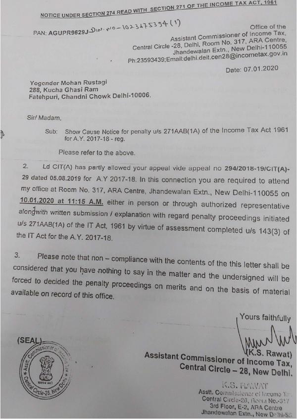 Notice under section 274